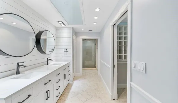 Fully remodeled primary bathroom with walk in closet